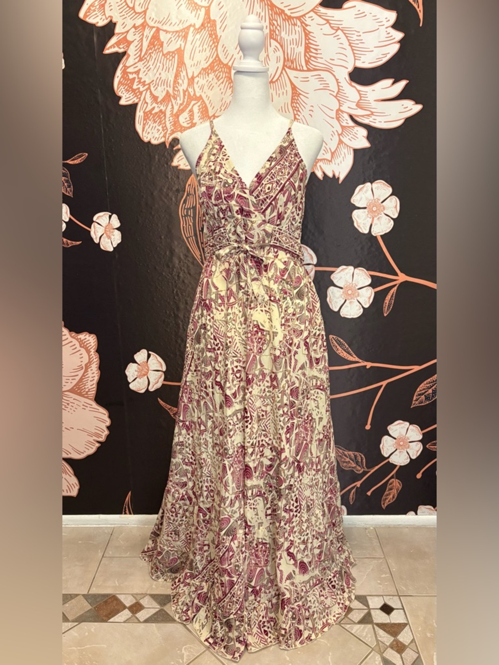 CLASSY Purple Abstract Print Maxi Dress with Metallic Gold Detail